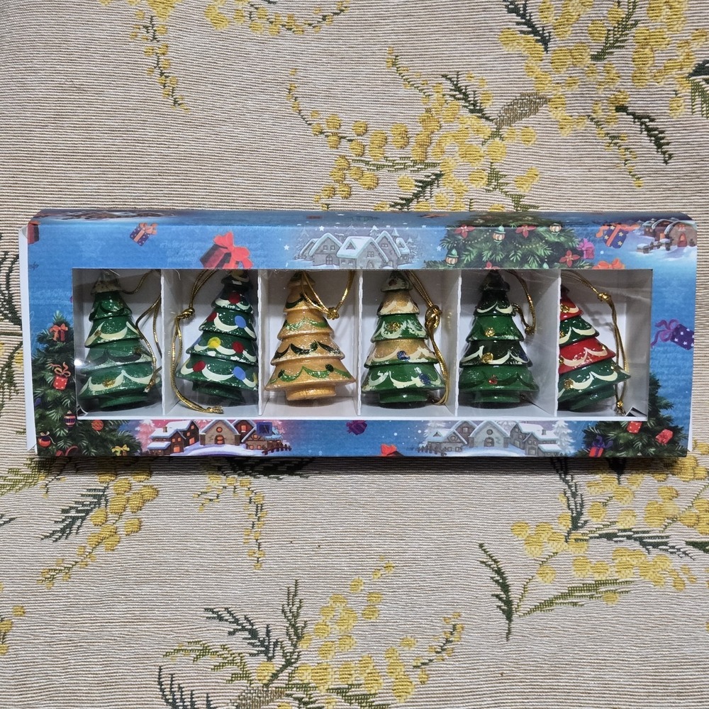 Set of Six Wooden Christmas Tree Ornaments Handmade in Russia